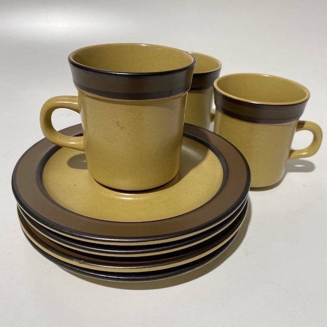 DINNERWARE, 1970s Cup and Saucer Set - Mustard Brown Stoneware